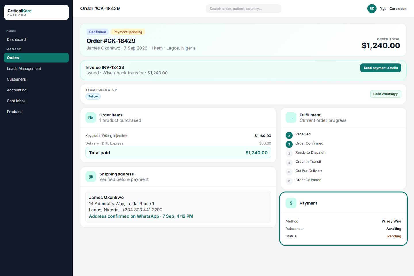 Critical Kare Care CRM invoice with Send payment details
