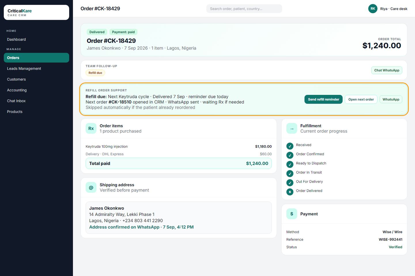 Critical Kare Care CRM refill order support with next-cycle reminder