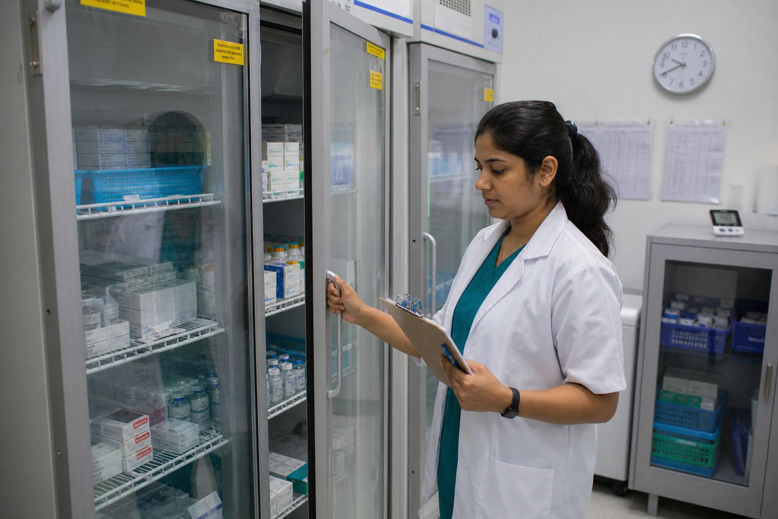 Pharmacist checking refrigerated pharmacy storage for temperature-sensitive medicines