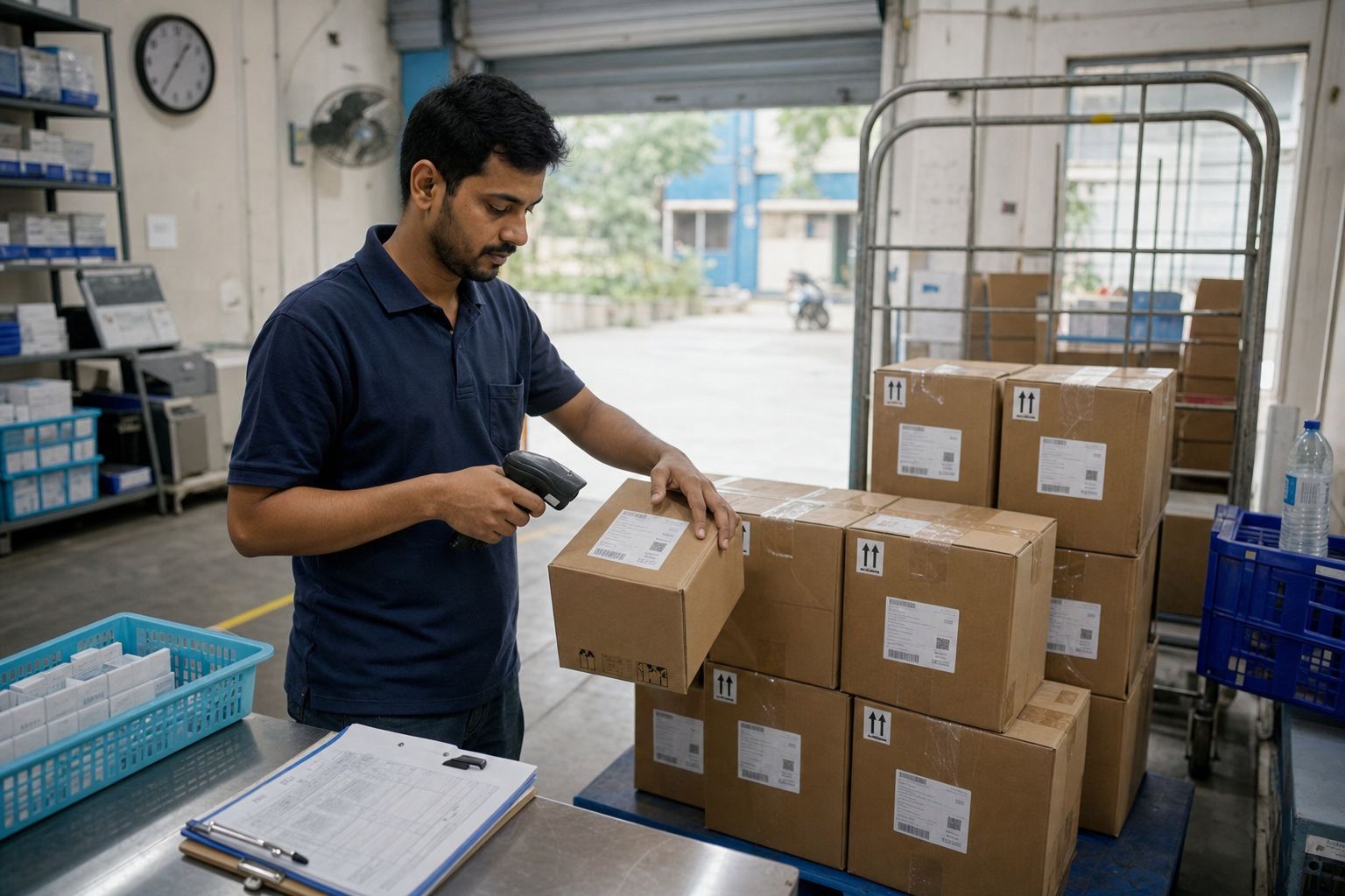 Dispatch dock with labeled cartons being barcode-scanned for courier handover