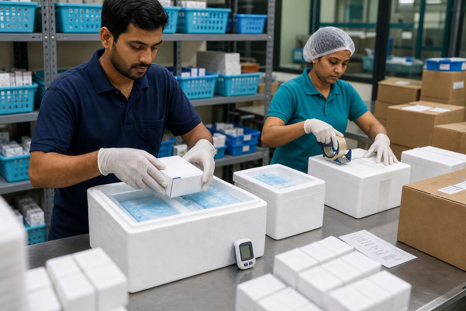 Staff packing oncology medicines into insulated coolers with gel packs