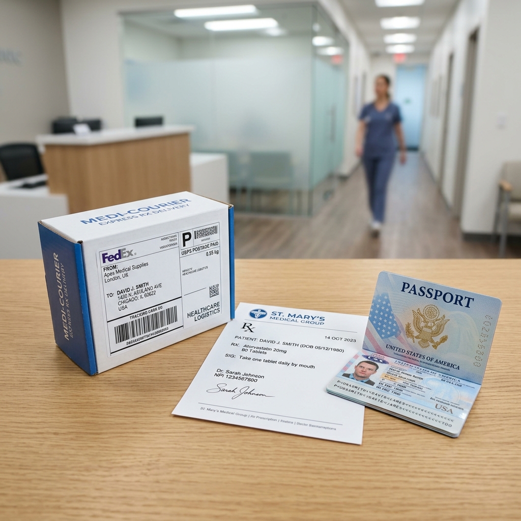 International prescription parcel prepared for dispatch with customs paperwork